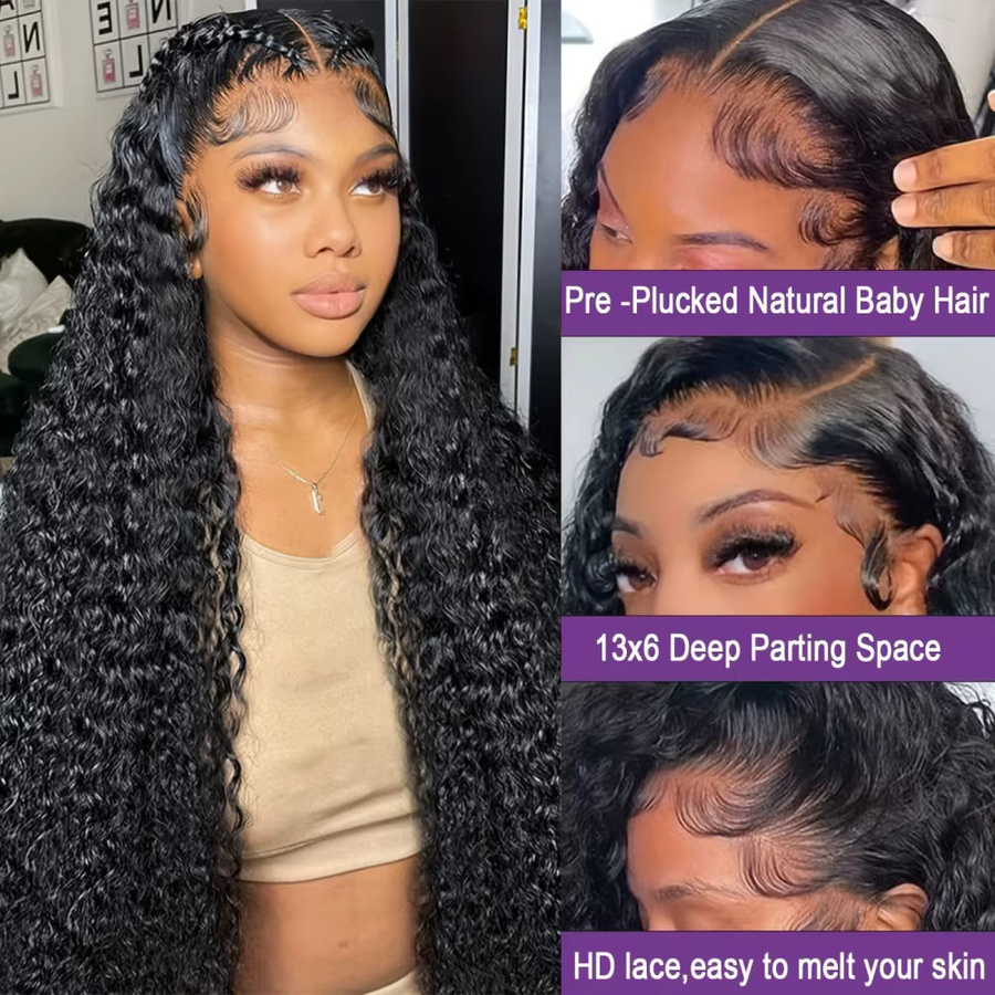 FIUMER Deep Wave Lace Front Perücke aus Echthaar, 200% Dichte, HD transparent, Damen - Bild 2