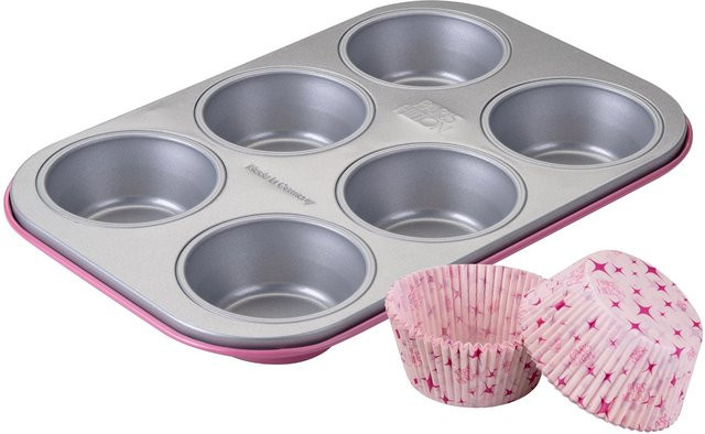 Paris Hilton Muffinform 6er Set aus Stahl mit 50 Papierbackförmchen, Pink/Silber, Antihaftbeschichtet, Rund - Bild 1