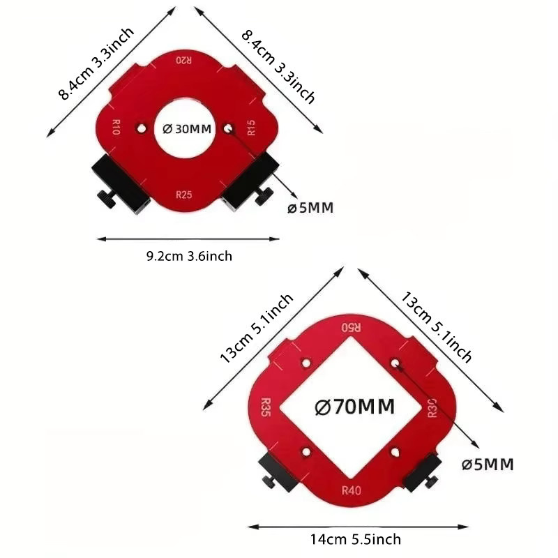 GDART 2-teiliges 4-in-1 Schablonen-Set aus Aluminium in Rot für Holzbearbeitungsfräser zur Arc Corner Positionierung (R10-R50) - Bild 3
