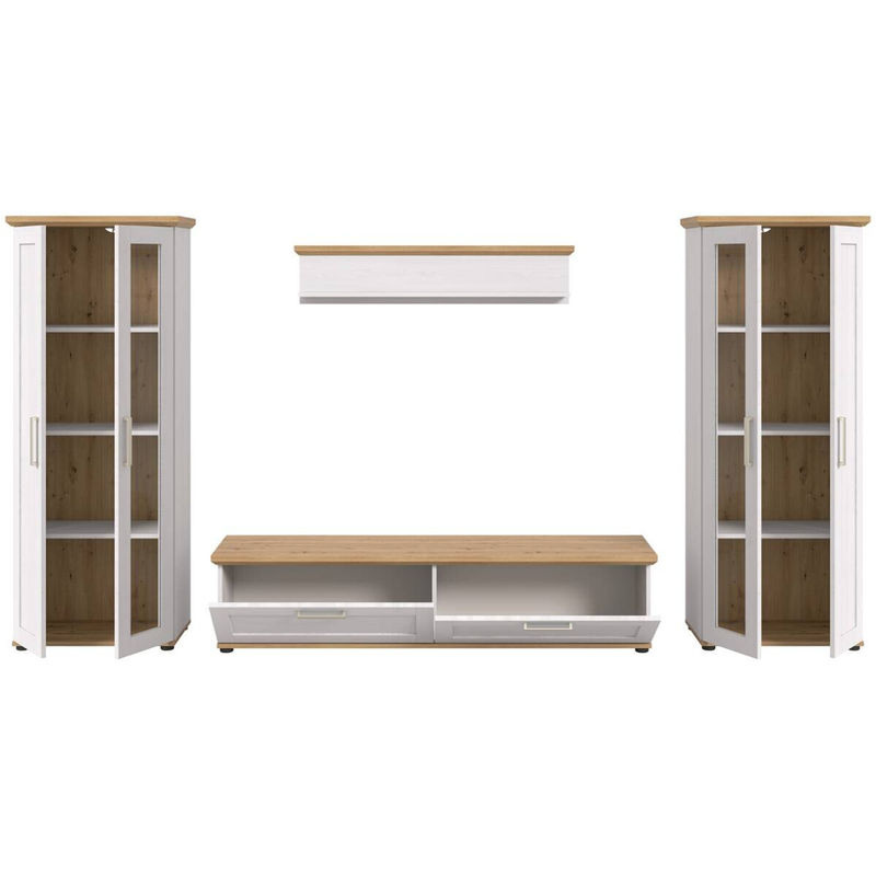 Wohnwand VERONA von xonox.home in Lärche und Eiche Nachbildung im Landhaus-Look mit Lowboard, Wandboard und zwei Vitrinen mit Glastüren, Farbe: Braun, B/H/T: 316 x 161 x 40 cm - Bild 2