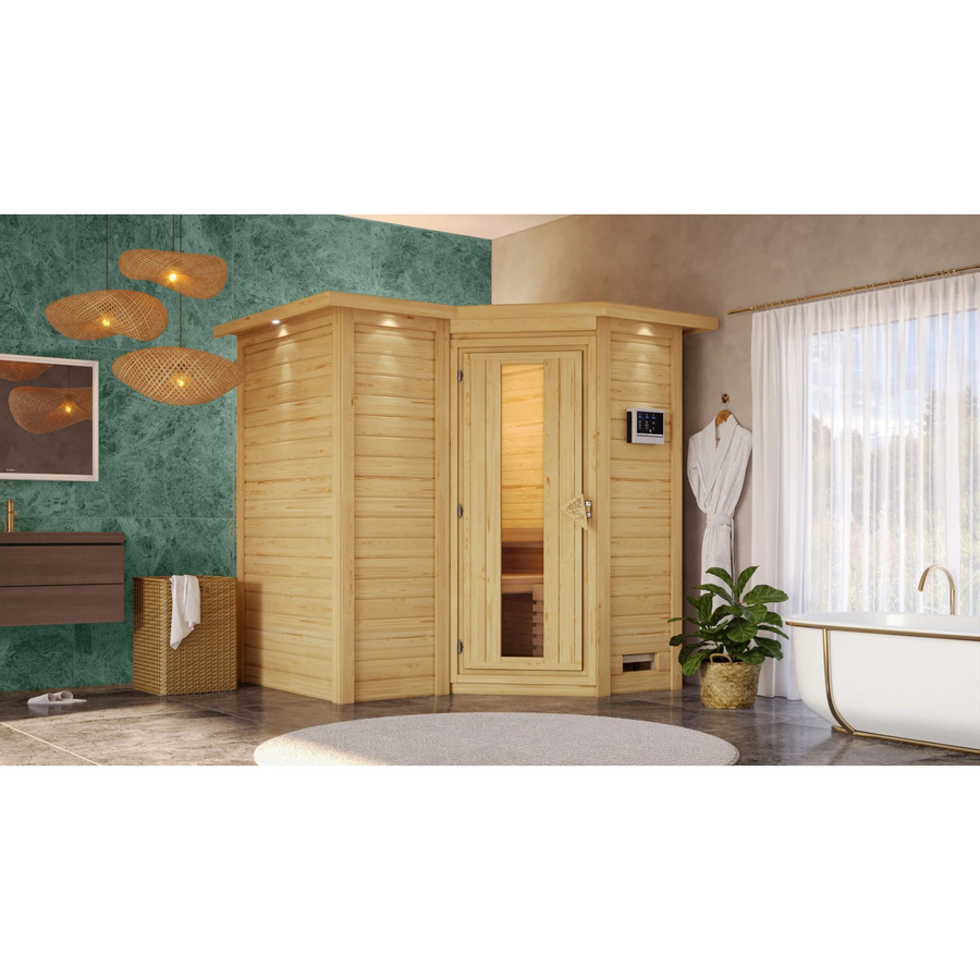 Karibu Massivholzsauna Steena 1 aus Fichte in Braun mit 9 kW Ofen, integrierter Steuerung, Dachkranz und Energiespartür, B/T/H: 193 x 198 x 212 cm - Bild 3