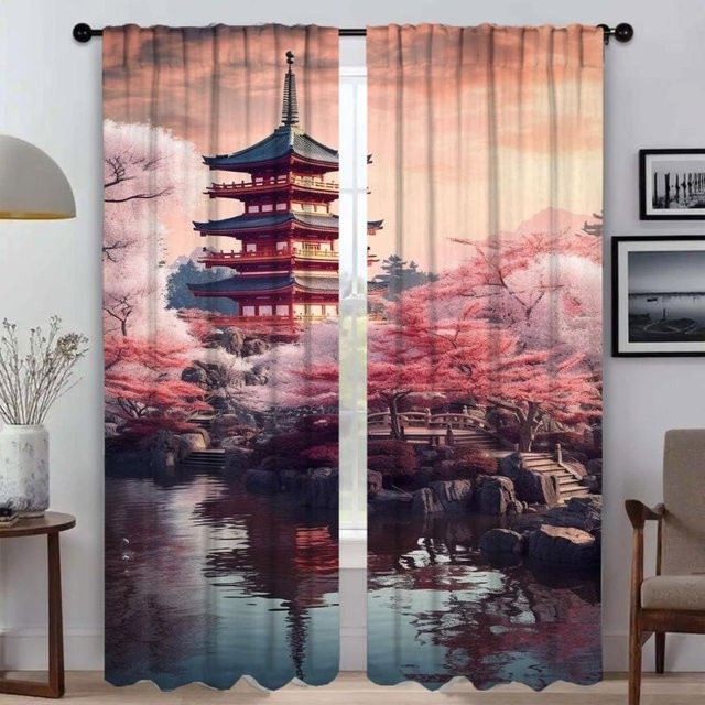 2er-Set Japanische Tüll-Vorhänge für Wohnzimmer und Schlafzimmer, halbtransparent, Mehrfarbig, Breite: 50 cm, Höhe: 70 cm - Bild 1