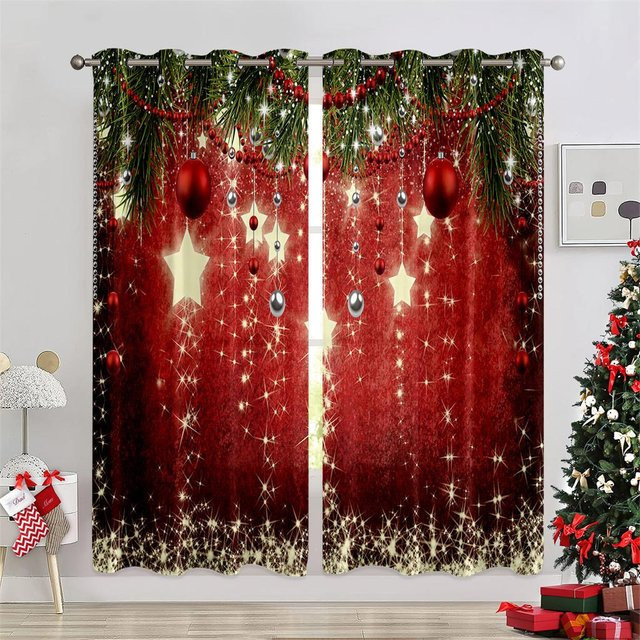 Weihnachtsvorhänge mit Schneeflocken, Glocken und Weihnachtsmann, 2er-Set, Rot, B: 50 cm, H: 130 cm - Bild 1