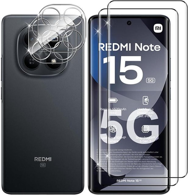 4in1 Displayschutz-Set für Xiaomi POCO M8 Pro 5G, M8 5G, Redmi Note 15 4G 5G und Redmi Note 15 Pro+ mit 3D Curved Glas und Kameraobjektivfolie, transparent - Bild 1