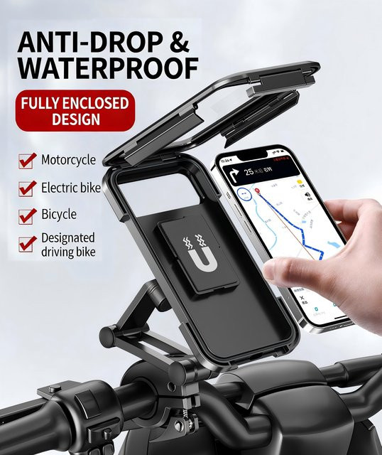 PHOENIX Wasserdichte Fahrrad-Telefonhalterung in Schwarz, stoßfest und 360 Grad verstellbar, passend für Smartphones von 10,9 cm bis 17,5 cm (4 bis 6,9 Zoll) - Bild 1