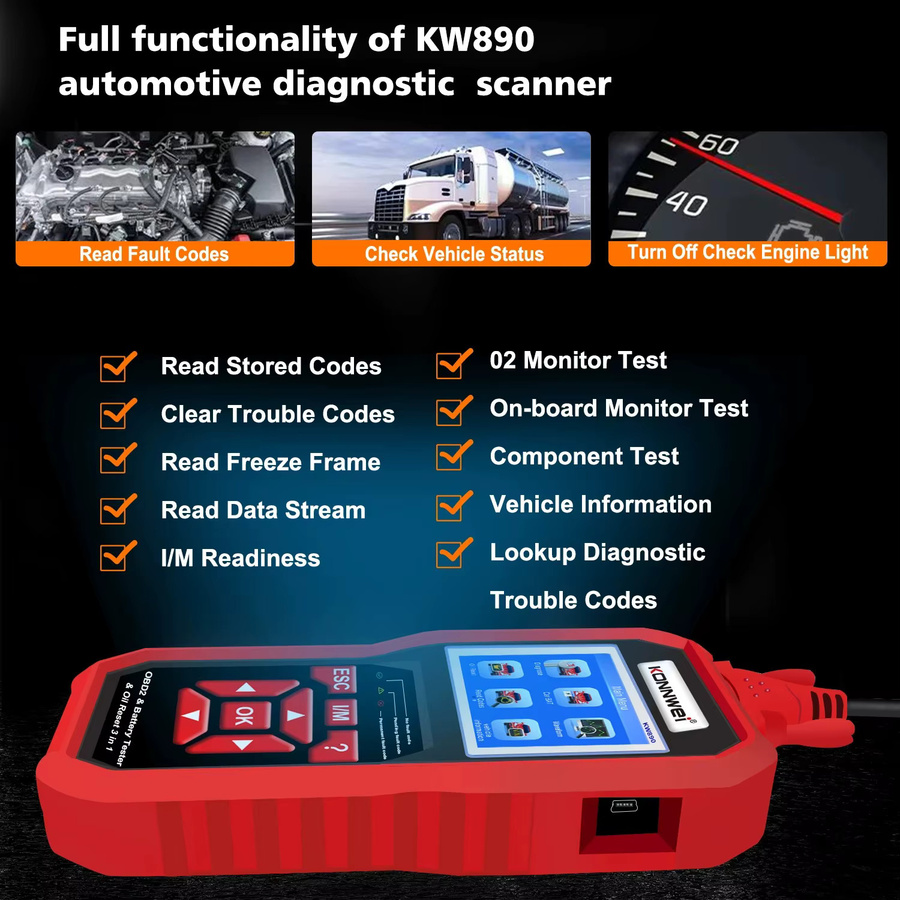 KONNWEI KW890 12V OBD2 Batterietester und Auto-Diagnosegerät mit Bluetooth in Rot - Bild 2