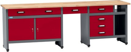 Küpper Werkbank mit 6 Schubladen und 2 Türen, rot/grau, höhenverstellbar, B/T/H: 240 x 60 x 84 cm - Bild 1