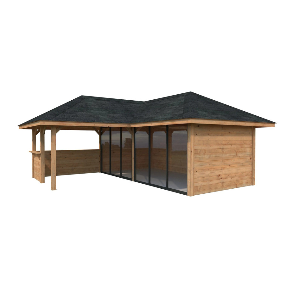 PALMAKO Pavillon Bianca Set 222 Slide aus Fichtenholz in Braun mit Alu-Schiebetüren und Eck-Tresenanlage, B/T/H: 588 x 588 x 319 cm - Bild 2