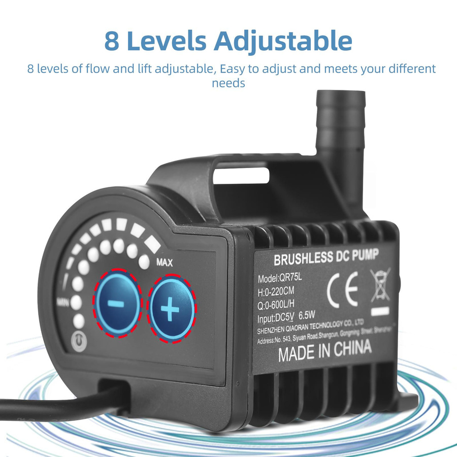 Tauchfähige 5-V-Wasserpumpe QR75L in Schwarz mit 8 einstellbaren Stufen und 0–600 l/h Förderleistung - Bild 2