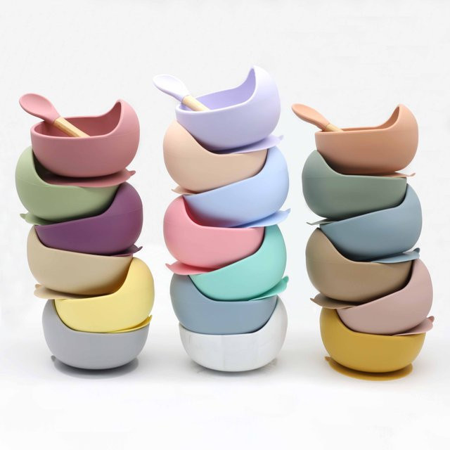 Silikon Baby Geschirr Set mit Saugnapf Schüssel und Löffel in Pink, spülmaschinenfest - Bild 1
