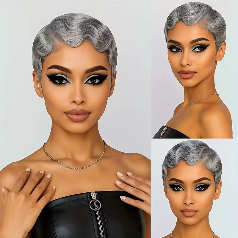 OYM HAIR Pixie-Perücke, Echthaar, Silbergrau, Damen - Bild 2