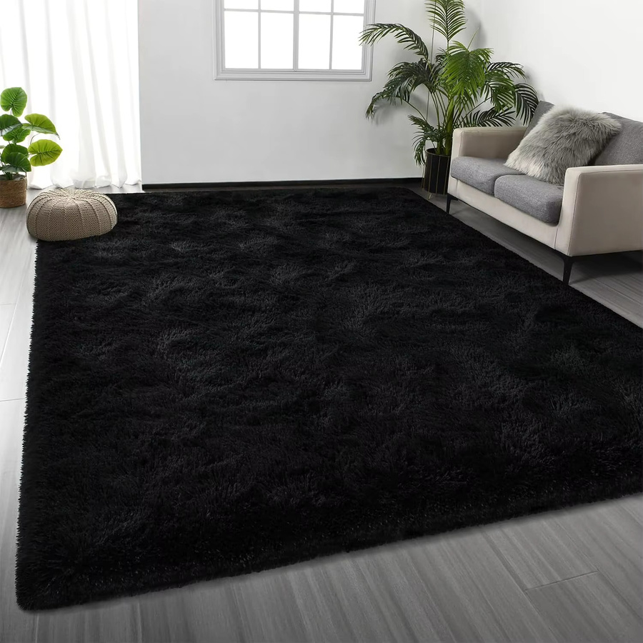 VIKAMA Schwarzer Plüsch-Teppich in Shaggy-Optik für Wohnzimmer und Schlafzimmer - Bild 4