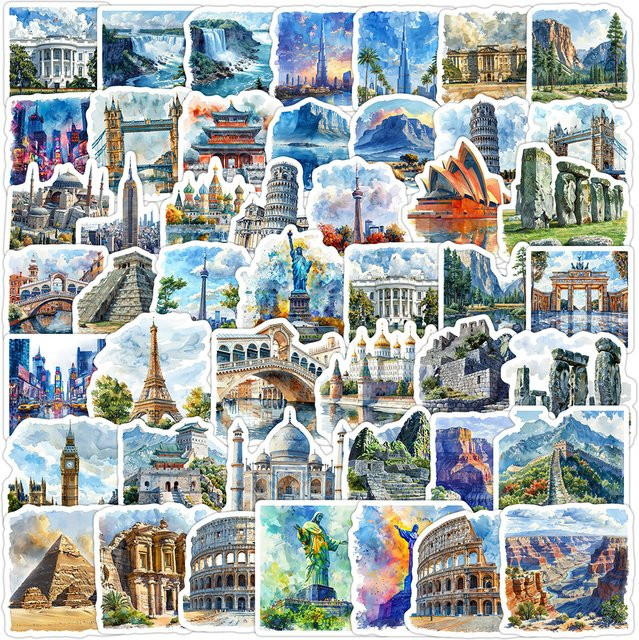 Charile Cartoon Aquarell Wahrzeichen Reise Stadt Aufkleber, 10-teiliges Set - Bild 1