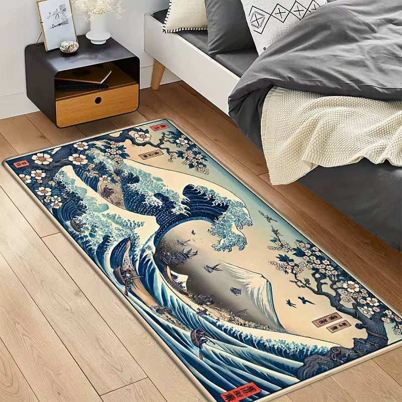 VIKAMA Retro Teppich mit japanischem Ukiyo-e Wave Design in Blau, rutschfest und schmutzabweisend, ideal für Wohnzimmer, Küche oder Flur - Bild 2