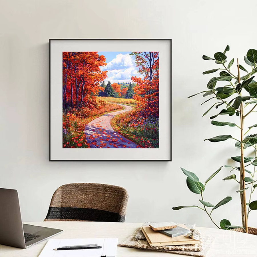 Huacan Diamantmalerei Herbst Landschaft mit Ahorn und Waldweg als 5D DIY Rundes Mosaik Kunstwerk für deine Wanddekoration in Mehrfarbig - Bild 3