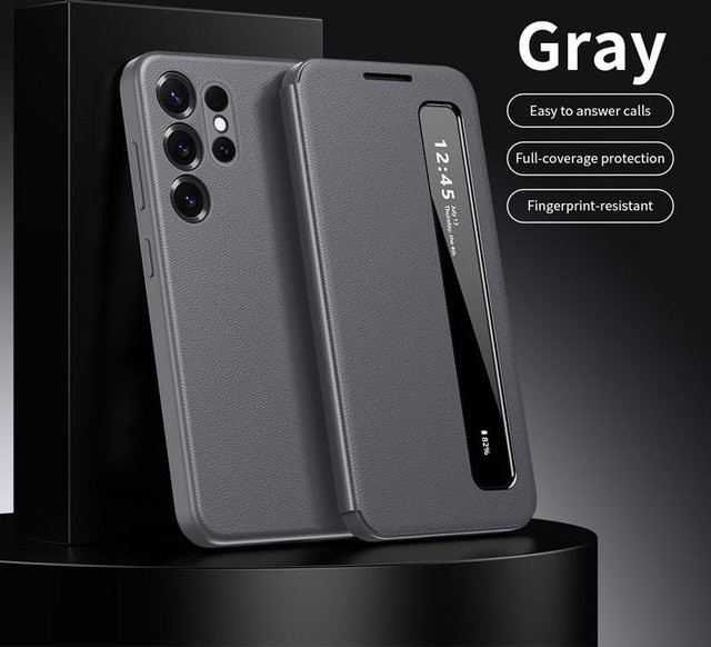 Premium Leder Handyhülle für Samsung Galaxy S25 S24 S23 Ultra oder S25 Plus mit intelligentem Seitenfenster zur Ansicht und Anrufannahme in Schwarz, Blau, Grau oder Grün - Bild 1