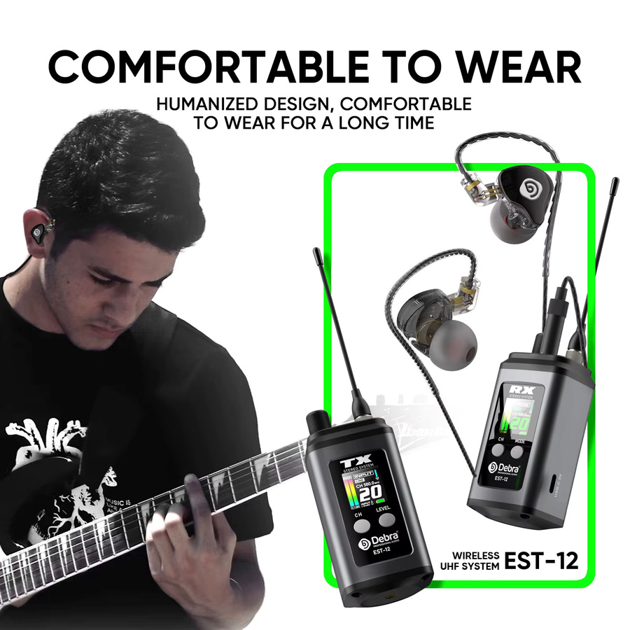 Debra EST-12 Stereo UHF Wireless In-Ear-Überwachungssystem, tragbares wiederaufladbares System in Schwarz für Bühnenauftritte und Kirchen - Bild 4