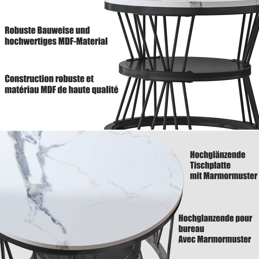Comanlai 2er-Set moderne runde Couchtische in Weiß mit Marmor-Optik und Metallrahmen - Bild 4