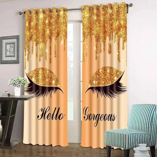 Yiran Furniture Vorhang Set mit Wimpern-Motiv in Rosa, Blau, Gelb und Gold, semi-transparent, B: 55 cm, H: 120 cm, 2 Stück - Bild 1