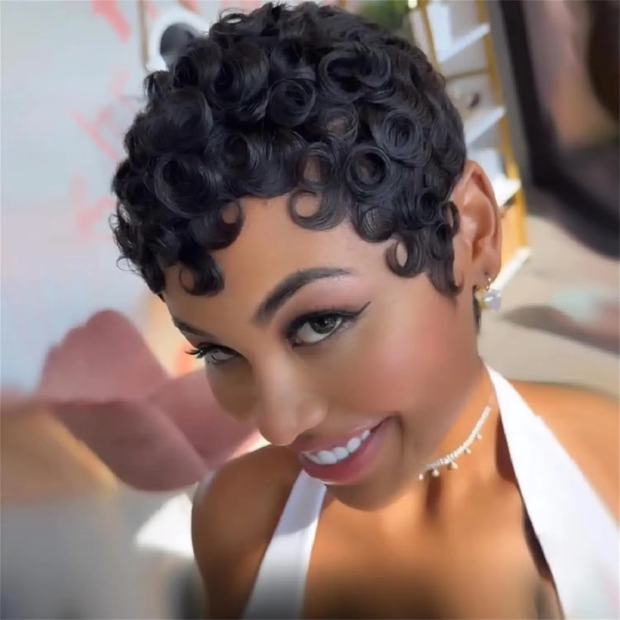 YOUKNOWIG Pixie-Cut-Perücke aus Echthaar, kurz, lockig, schwarz, 210 % Dichte, Damen - Bild 3