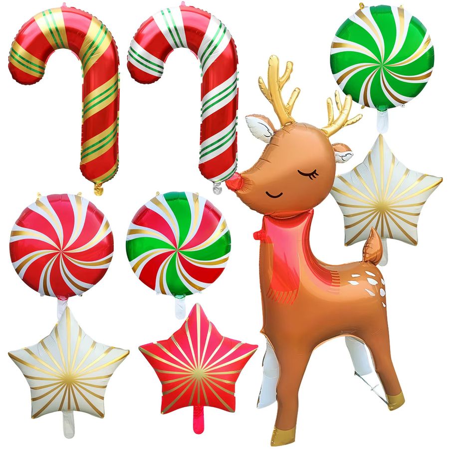 EACH PARTY 10er Set Weihnachts-Folienballons in 3D-Standform mit Elch, Stern und Candy Cane Motiven, Braun, Höhe: 152,4 cm - Bild 2
