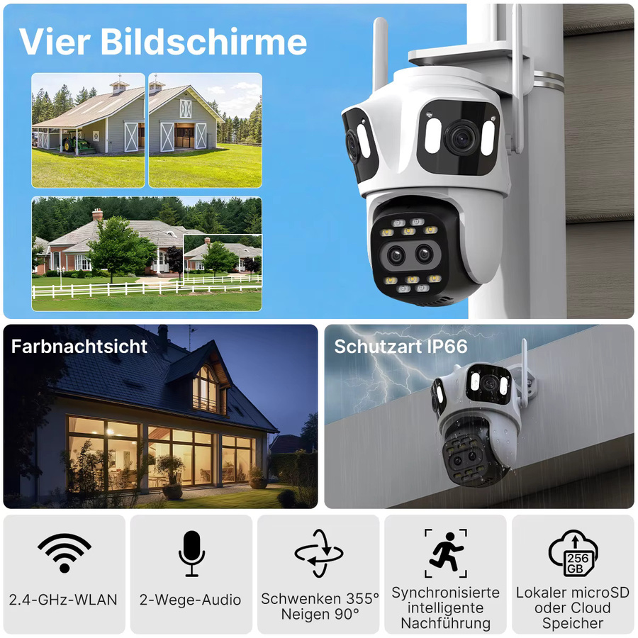 WONSDAR IP-Kamera für Außenbereich mit Vier Bildschirmen, 4K HD WLAN-Kamera, PTZ-Videoüberwachung mit Farbnachtsicht und Auto-Tracking, Weiß, ICSee - Bild 2