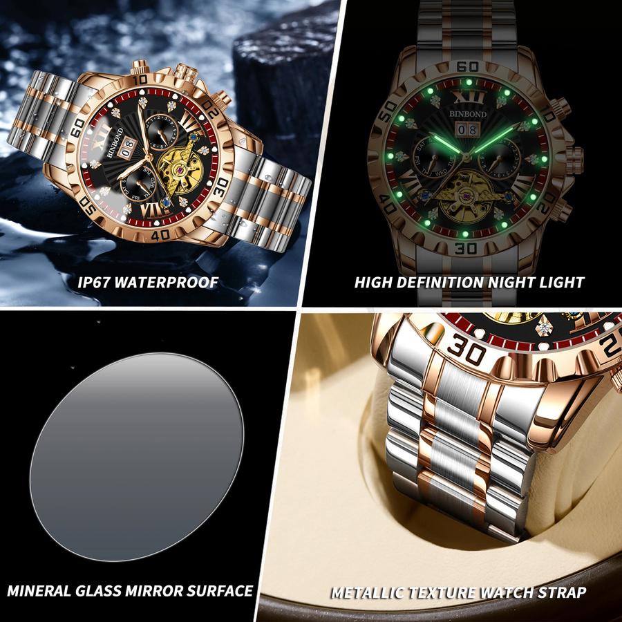 BINBOND Armbanduhr Automatik, Tourbillon Skeleton, Edelstahl, Silber, Herren - Bild 4