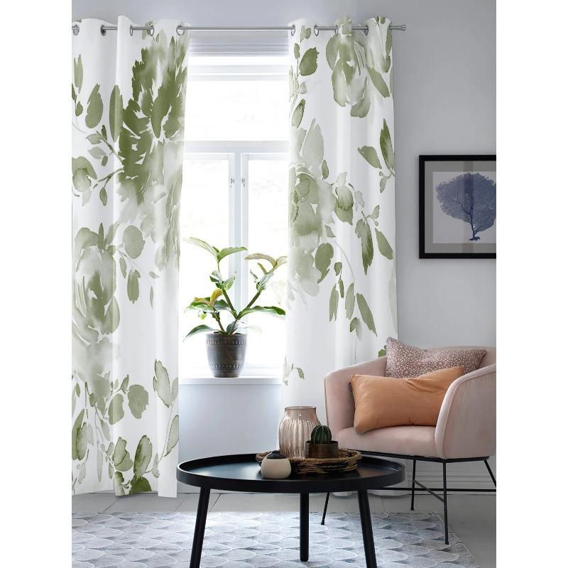 Super Six Fenstervorhänge mit Aquarellblumen in Salbeigrün und Grau, moderne halbtransparente Vorhangpaneele mit Ösen, Breite: 135 cm, Höhe: 60 cm - Bild 3
