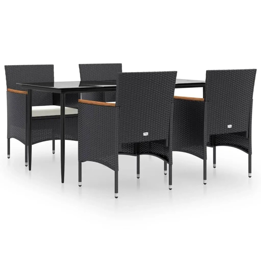 vidaXL 5-teilige Garten-Essgruppe aus PE-Rattan und Akazienholz in Schwarz mit cremeweißen Kissen und Hartglastisch - Bild 2