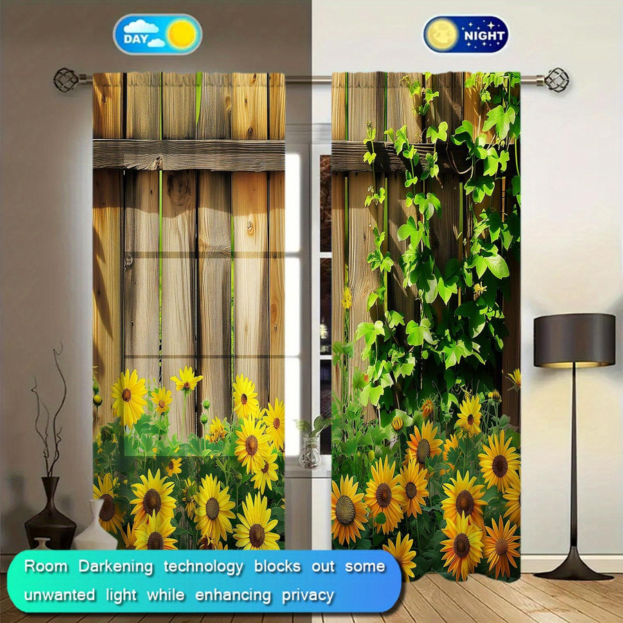 2-teiliges Set semi-transparente Vorhänge mit Sonnenblumen-Print von Household supplies MH, modern und floral, B: 52,5 cm, H: 116 cm, Mehrfarbig - Bild 2
