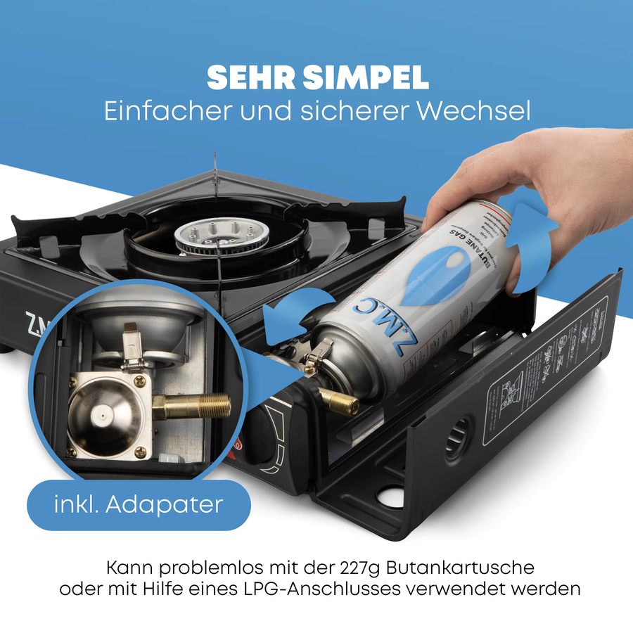 ZMC 1-flammiger Campinggaskocher in Schwarz mit 24 Butan Gaskartuschen à 227g, LPG-Adapter und Aufbewahrungskoffer, 2,2 kW mit Piezozündung für Outdoor und Innenraum - Bild 2