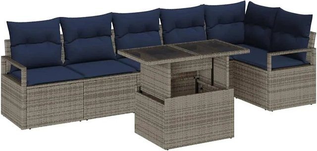 vidaXL Gartensofa-Set aus Poly-Rattan in Grau und Marineblau mit 7-teiligem Polster-Set und Tisch - Bild 1