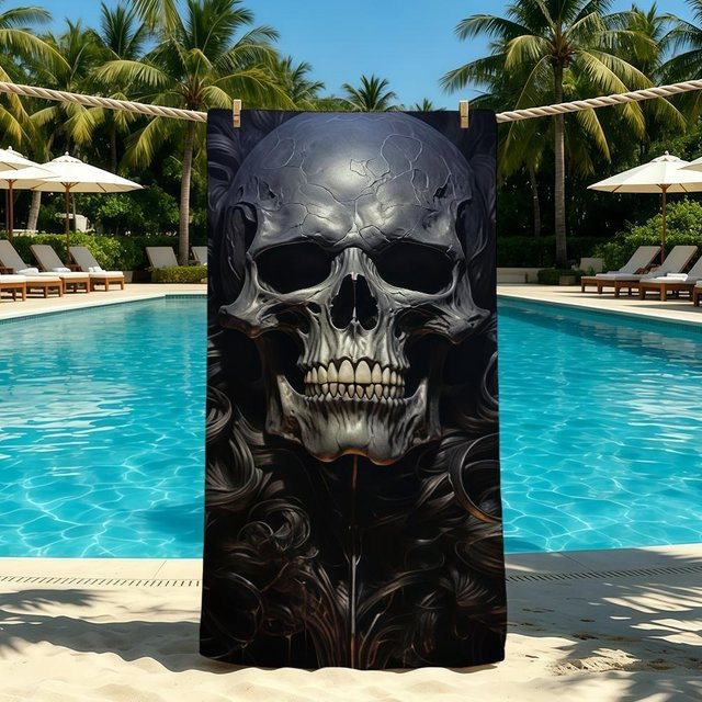 Skelett Totenkopf Handtuch von JMG Household Supplies, Schwarz, B/H: 40 x 70 cm, schnelltrocknendes Mikrofaser-Strandtuch für Outdoor und Camping - Bild 1