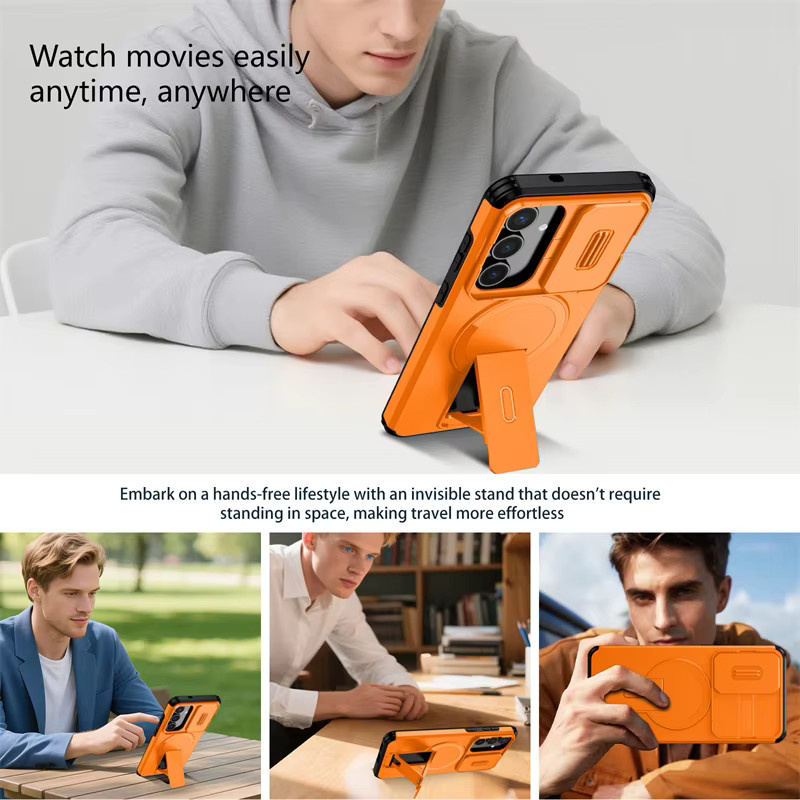 Magnetische 3-in-1 Schutzhülle für Samsung Galaxy S25 Ultra S24 Plus FE S25edge S25FE in Orange mit klappbarem Ständer und verstecktem Linsenschutz - Bild 5