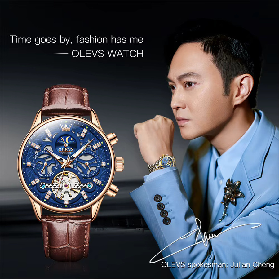 OLEVS Armbanduhr Automatik, Leder, Gold, Blau, Herren - Bild 4
