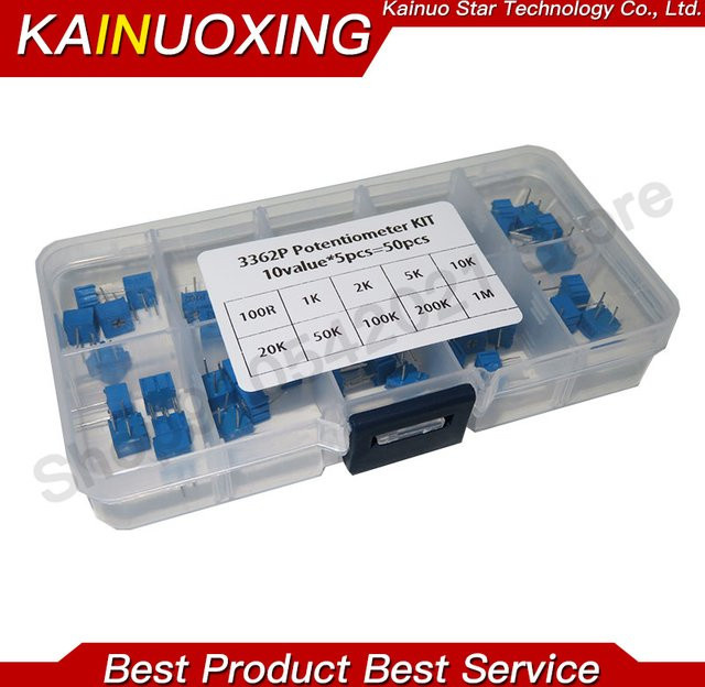 KAINUOXING Multiturn Trimmpotentiometer Set 3362P mit 50 Stück und 10 Werten von 500 Ohm bis 1M Ohm in Blau - Bild 1