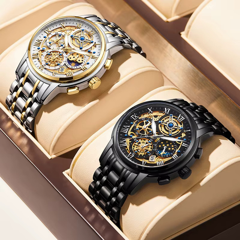 LIGE Chronograph Armbanduhr, Quarz, Edelstahl, Gold, Herren - Bild 2