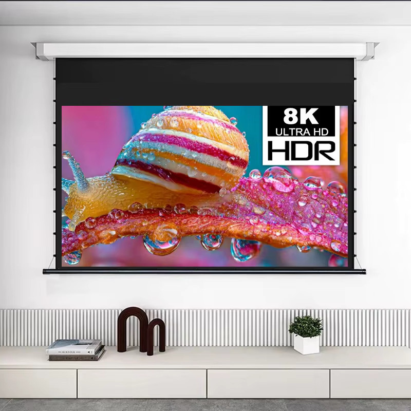 Yovanxer Motorisierte Tab-Spannungsprojektor-Leinwand in Weiß, 60–150 Zoll, für Langwurf-Projektoren, 4K und 3D unterstützt - Bild 2