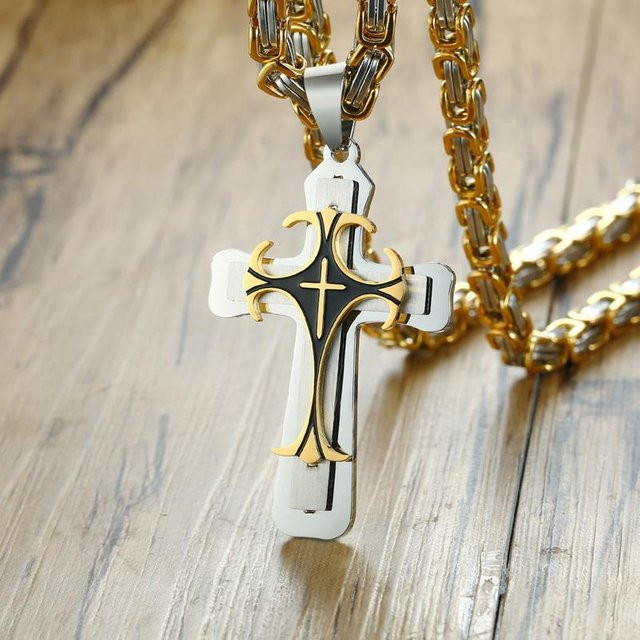 Vnox Halskette mit Kreuz Anhänger, Edelstahl, Gold, Herren - Bild 1