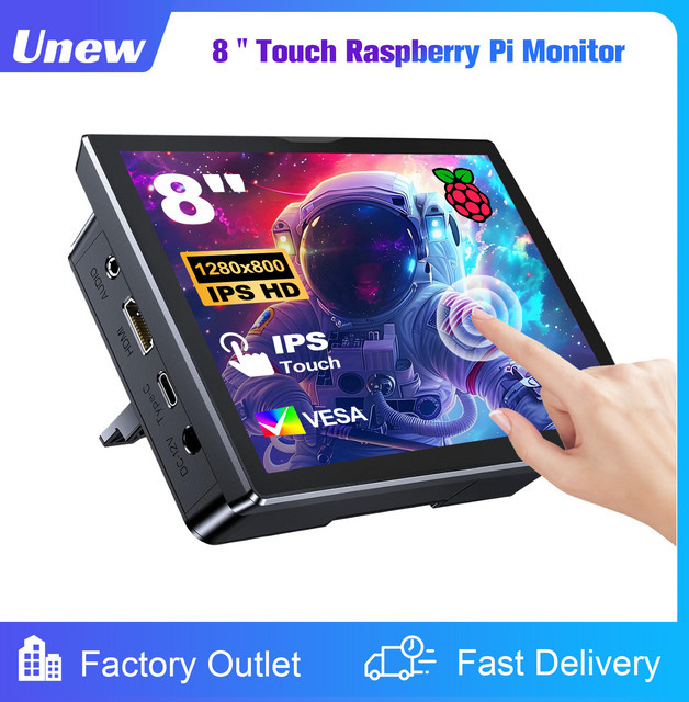 UNEW 8 Zoll Raspberry Pi 5 LCD-Touchscreen Display mit 1280 x 800 Auflösung, HDMI und USB, Schwarz, inklusive eingebautem Lüfter und Lautsprecher - Bild 1
