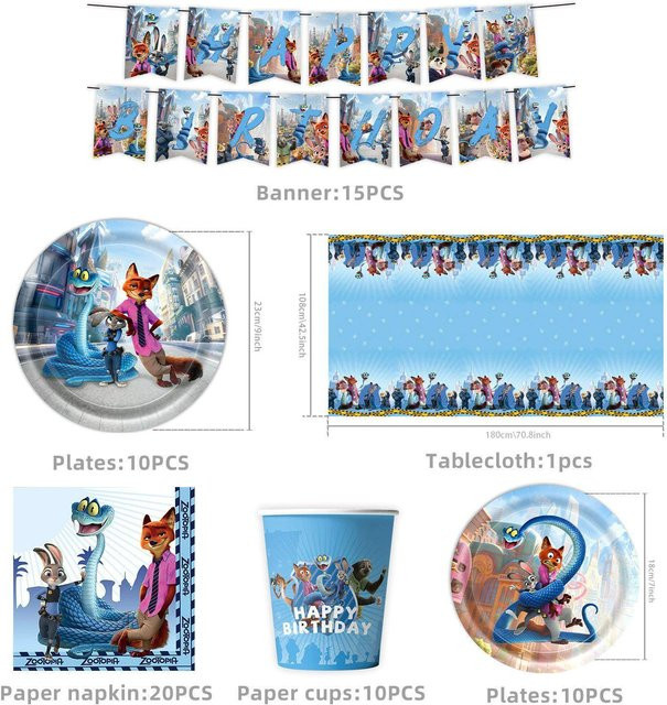 KIDSW Zootopia Partyzubehör Set für Kinder in Mehrfarbig mit Banner, Papptellern, Pappbechern, Servietten und Tischdecke - Bild 1