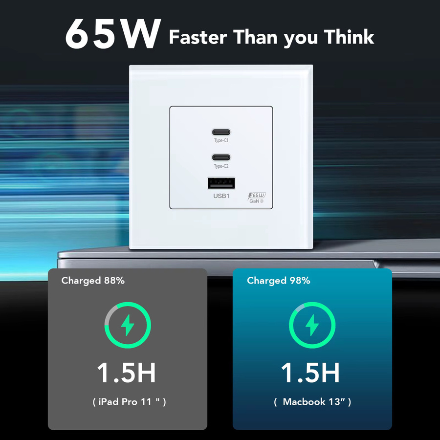 BSEED GaN3 Universal-Steckdose mit 65 W PD-Schnellladeanschluss und USB-Typ-C-Schnellladung aus Glas - Bild 2