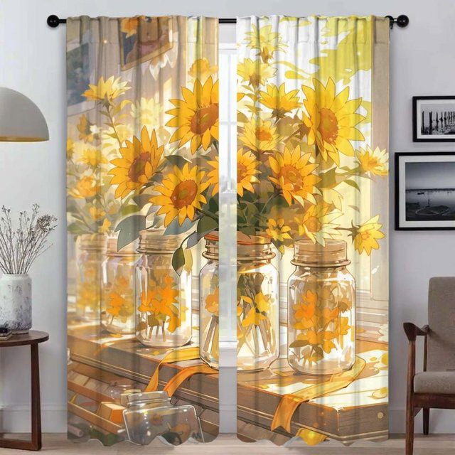 Sonnenblumenvorhänge für das Kinderzimmer, 2er-Set gelbe Tüll-Vorhänge mit Blumenmuster, Breite: 50 cm, Höhe: 70 cm - Bild 1