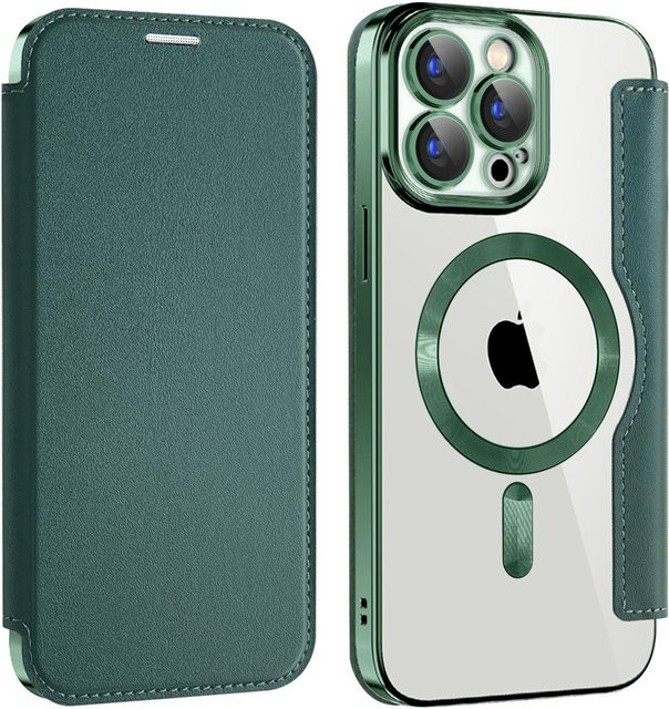 Magnetische Lederhülle für Apple iPhone 16, 15 Pro Max, 13, 11 und SE4 in Grün, galvanisiert und sturzsicher - Bild 1