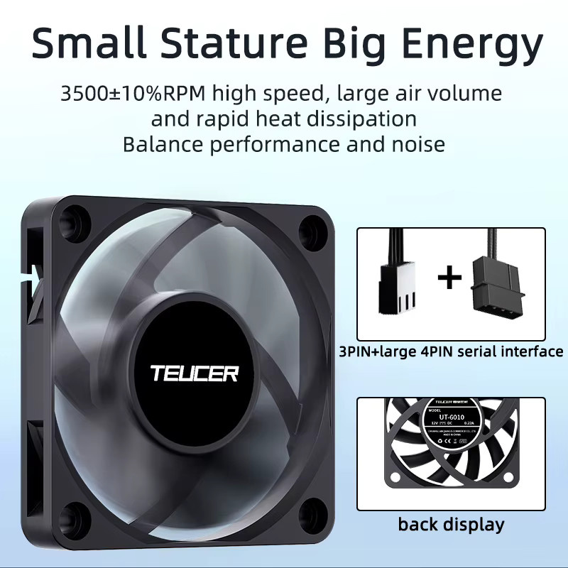 Teucer UT-6010 Computer-PC-CPU-Gehäuselüfter in Schwarz, 6 cm, DC 12 V, 3-polig, mit hydraulischem Lager und 3500 U/min - Bild 3