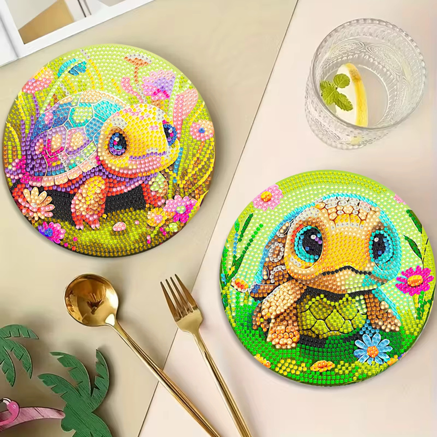 4-teiliges Set dekorative Holz-Tischsets mit Schildkrötenmuster in Weiß und Multicolour, runde DIY-Mosaik-Tischsets mit Diamantmalerei - Bild 4