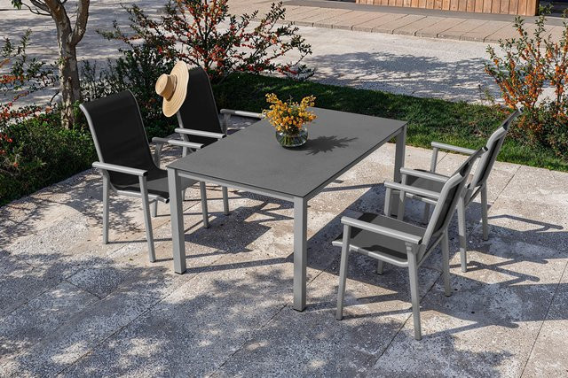 Kettler BasicPlus Pro Garten-Essgruppe aus Aluminium und Textilene in Silber und Anthrazit mit Esstisch und 4 Stapelsesseln, Tisch B: 160 cm, T: 95 cm, H: 74 cm - Bild 1