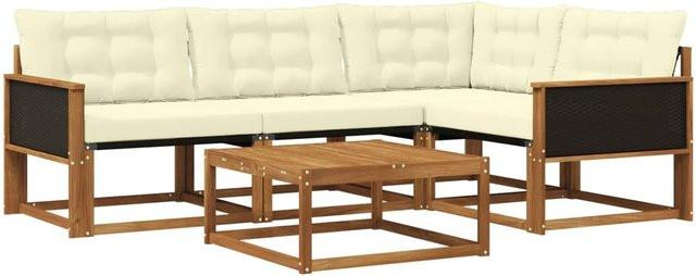 vidaXL Outdoor-Sofagarnitur L-Form aus Akazienholz mit 5 Kissen in Natur und Creme - Bild 1