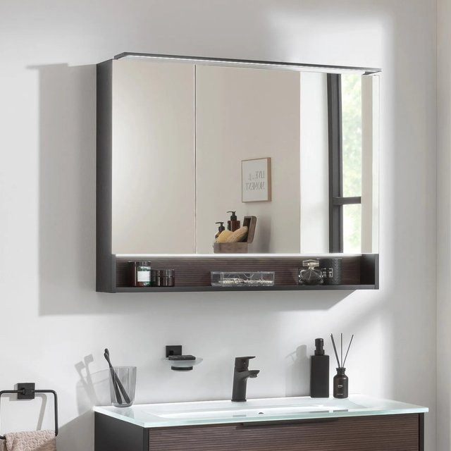 Fackelmann Spiegelschrank B.Paris mit LED-Beleuchtung und Steckdose, Schwarz Matt / Eiche, B/H/T: 90 x 71,8 x 15,6 cm - Bild 1