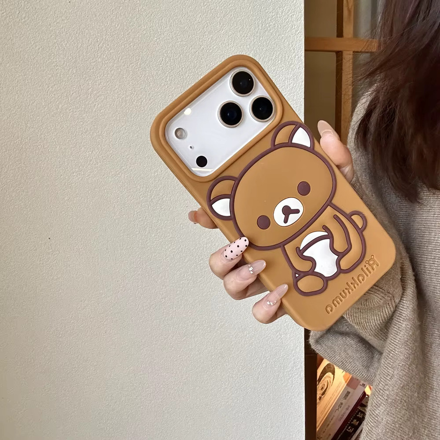 Rilakkuma Bär Handyhülle für Apple iPhone 17 16 15 14 13 Pro Max, 3D Stereoskopisches Design, Stoßfeste Weiche Silikonhülle, Braun - Bild 3